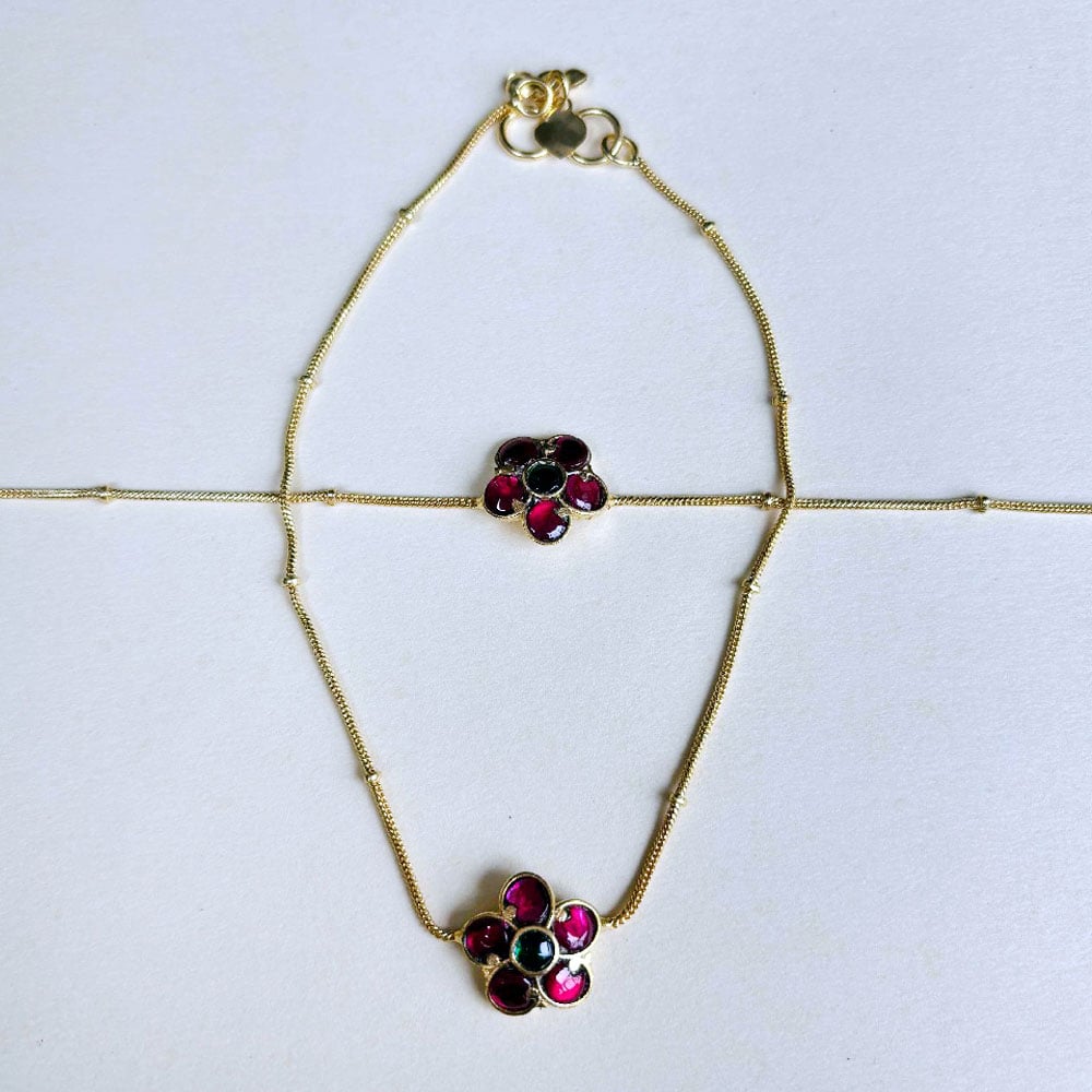 Handmade Brass Metal Jewellery Floral Stone Anklet Pair